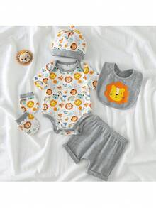 Loomiva 5pcs/Set Newborn Baby Boy/Girl Cute Animal Print Soft & Comfortable Romper + Shorts + Bib + Hat + Mittens Set - Multicolor - View 6