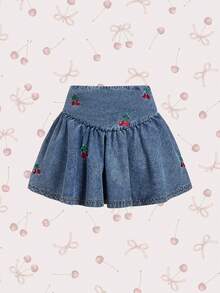 SHEIN MOD 女士休闲樱桃刺绣牛仔迷你裙，夏季 - 藍色 - 查看 7