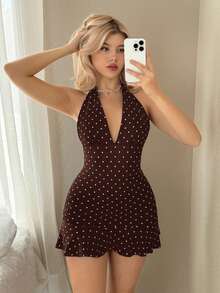 Sweetina Đầm ngắn cổ chữ V sâu, chấm bi đen trắng, phong cách retro, thích hợp cho kỳ nghỉ. - Cà phê - Xem 4