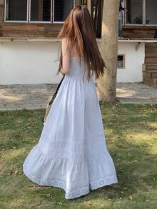 DAZY 女士夏季抽绳系带蕾丝拼接度假风休闲吊带连衣裙 - 藍色 - 查看 5