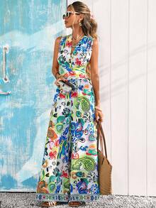 Vivid Eden 女士V领交叉露背系带宽松阔腿连体裤，艺术印花图案，适合夏季休闲/度假穿着 - 彩色 - 查看 1