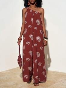 Zivah Bộ áo liền quần dáng rộng in họa tiết hạt điều dành cho nữ, kiểu dáng thường ngày. - màu nâu - Xem 2