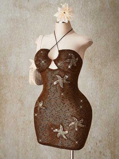 SHEIN ICON Plus Size Y2K Vintage Starfish Sequin Decor Strapless Maxi Dress, Beaded Sequin Decor Sheer Beach Dress, Cover-Up Dress, Holiday