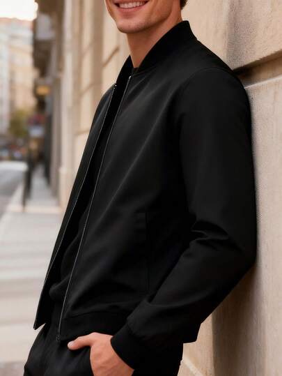 EGENSIO Plus Size Men's Solid Color Long Sleeve Zip-Up Casual Baseball Jacket