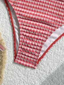 Swim Mod 女士甜美纹理格子吊带泳衣套装，适合泳池、海滩和夏季度假 - 紅色 - 查看 7