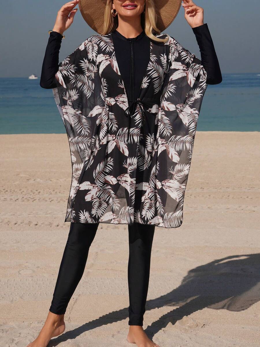 Swim Mulvari 3pcs Women's Minimalist Burkini Set, Includes One-Piece Swimwear, Printed Cover-Up Pants And Jacket, Vacation Middle East Style Burkini Outfit - Black - View 1