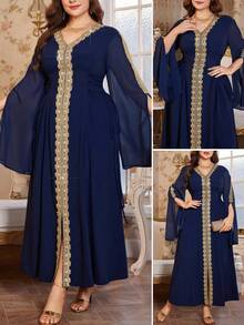 Reflora 大码女式贴花装饰开衩袖优雅连衣裙 - 藍色 - 查看 2