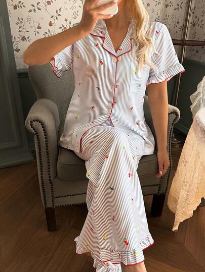 CottageSlumber Contrast Color Trim Fruit Striped Print Ruffle Collar Short Sleeve Pajama Set For Women