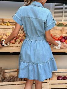 Selianne Women's Casual Denim Dress With Bat Print, Short Sleeve, Single-Breasted, Ruffle Hem - Blue - View 2