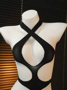 Alluring Nightfall! ChaseTheNight Black Hollow-Out Jumpsuit, Criss-Cross Halter Design, Bold Cutout Silhouette, Creates A Unique Party-Catching Look - Black - View 8