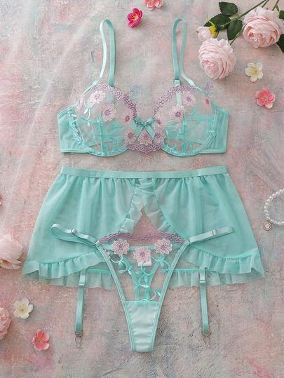 Women's Fresh Mint Green Pastoral Romantic Embroidery Bra Set With Underwire Push-Up Bra, Thong Panty And Garter Belt, 3-Piece Set