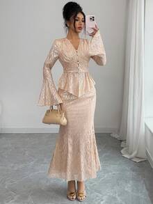 DAZY 女士优雅印花V领喇叭袖上衣和鱼尾裙两件套，春夏款 - 粉色 - 查看 6