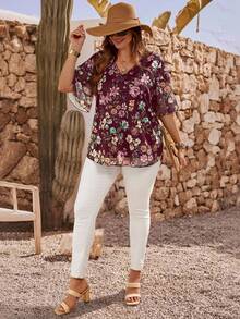 EMERY ROSE Áo kiểu dáng rộng rãi, tay bồng, in hoa dành cho nữ cỡ lớn - Màu Đỏ Sâu - Xem 5