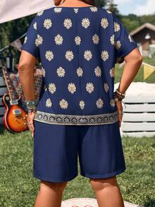 EMERY ROSE 大码女式印花短袖衬衫和短裤休闲两件套 - 藏蓝色 - 查看 2