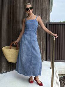 DAZY Women's Casual Washed Pocket Strap Denim Dress, Summer - Blue - View 7