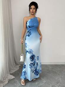 Elenzga 浪漫印花荷叶边肩部收腰喇叭形长款连衣裙，优雅休闲度假连衣裙，时尚蓝色印花长款连衣裙 - 藍色 - 查看 3