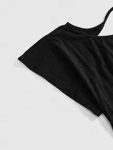 ROMWE Grunge Punk Y2K Punk Cross Rivet Design Laser Cut Loose Fit Solid Color T-Shirt, Versatile - Black - View 4