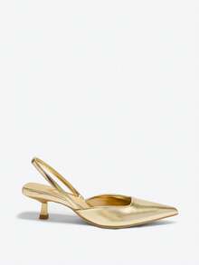 Eladyva Women Solid Color Leather Kitten Heel Shoes, Elegant Pointed Toe High Heels, Fashionable Ankle Strap Pumps, Formal Shoes For Party & Wedding - Gold - View 5