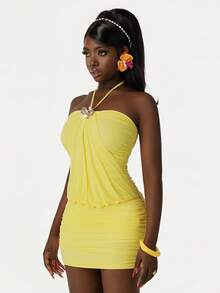 Amplova 2026新款女士黄色度假派对露背修身迷你连衣裙 - 黃色 - 查看 4