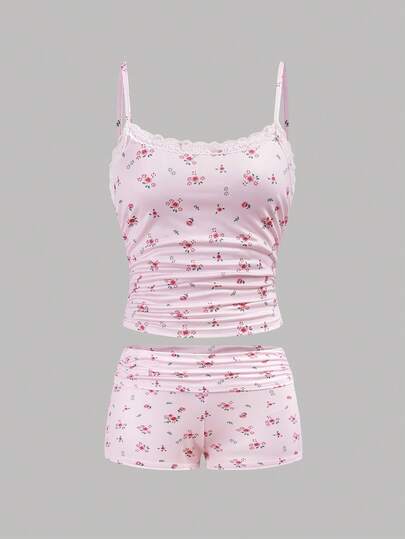 SHEIN Girlism Teen Girl Minimalist Korean Style Ditsy Floral Lace Trim Ruched Camisole And Ruched Waist Shorts Soft Comfortable Pajama Set, 2pcs