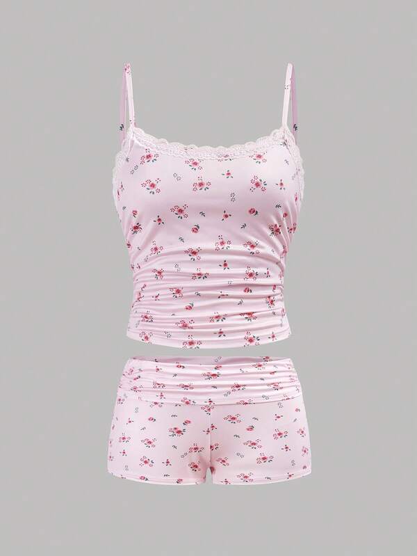 SHEIN Girlism Teen Girl Minimalist Korean Style Ditsy Floral Lace Trim Ruched Camisole And Ruched Waist Shorts Soft Comfortable Pajama Set, 2pcs