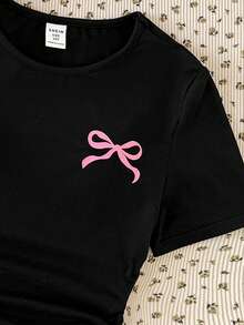 Girlism 2pcs/Set Tween Girl Black & White Bow Print Round Neck Short Sleeve T-Shirt - Black and White - View 5