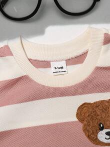 SHEIN Bộ 2 món cho bé trai/bé gái, áo thun ngắn tay và quần short in hình gấu sọc đen trắng dễ thương, thoải mái, thích hợp mặc hàng ngày, chơi thể thao, đi chơi, đi học, dự tiệc, nghỉ lễ, biểu diễn, chụp ảnh. - Hồng - Xem 3