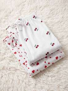SHEIN Women Cotton 2 Pcs Fake Drawstring Detail Contrast Colour Cherry&Heart Pattern Homewear Long Rib Knit Casual Cute Sleep Lounge Bottoms Set - Pink - View 4