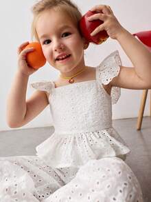 Maija Kids 女童提花面料荷叶边领上衣搭配宽松阔腿裤两件套，度假风 - 白色 - 查看 2