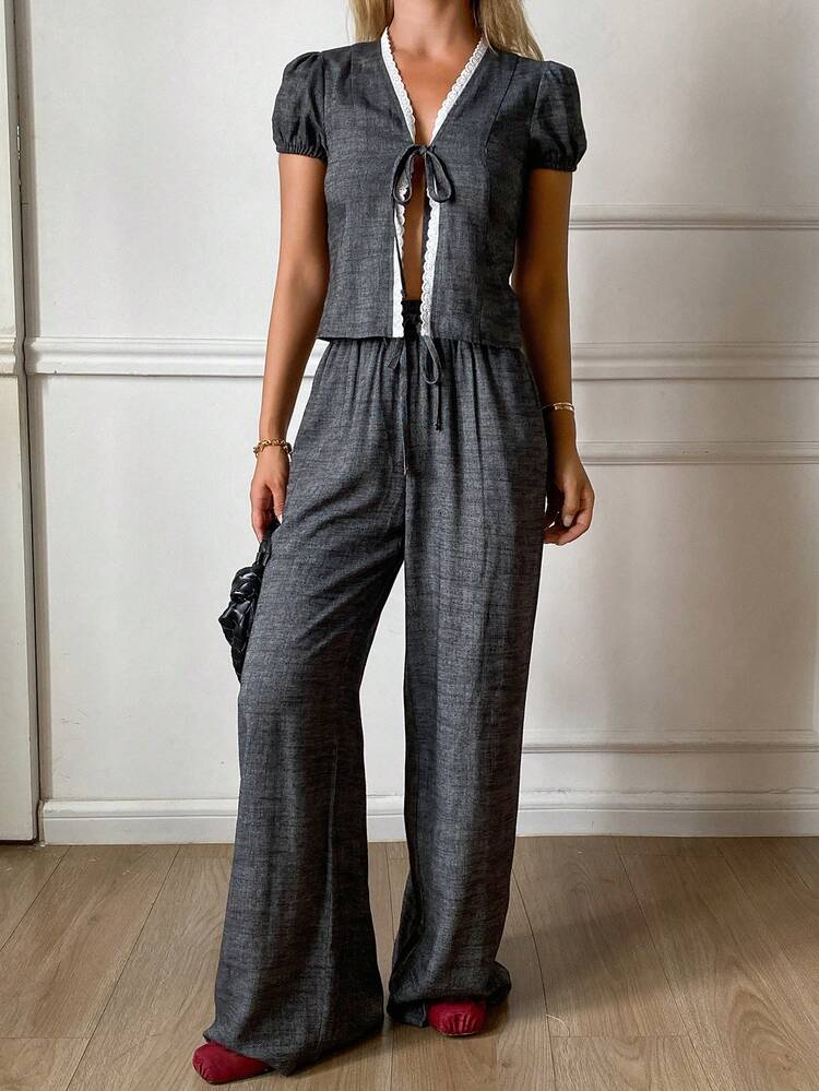 Women's V-Neck Short Sleeve Contrast Lace Patchwork Bow Tie Cardigan And Loose Wide-Leg Pants Vacation Casual 2-Piece Set Summer