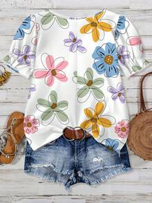 SHEIN CURVE+ Plus Size Colorful Floral Print Casual Shirt For Women, Suitable For Spring/Summer - White - View 2