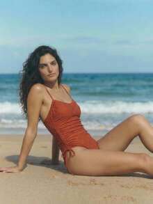 Maija Women's Burgundy Sexy Sleeveless Ruched Spaghetti Strap Knitted One-Piece Swimsuit Plants Pattern - Burgundy - View 3