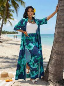 SHEIN Lady Bộ đồ nữ thời trang thường ngày in họa tiết toàn thân gồm áo khoác và quần, trang phục nghỉ dưỡng nhiệt đới cho nữ, áo khoác dài che phủ đồ bơi, bộ đồ đi biển cho nữ, bộ quần áo cho nữ, váy đi biển, trang phục đi chơi, trang phục nghỉ mát, bộ đồ thường ngày cho nữ, trang phục nghỉ dưỡng, đồ đi biển cho nữ, trang phục du lịch biển cho nữ, trang phục Hawaii, áo khoác maxi che phủ đi biển, váy maxi đi biển. - Nhiều màu - Xem 3