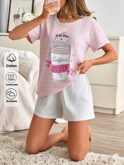 SHEIN Women Cotton 2 Pcs Striped With Letter&Coffee Printed Round Neck Short Sleeved Sleep Tee & Solid Colour Shorts Homewear Comfort Casual Cute Pajama Set