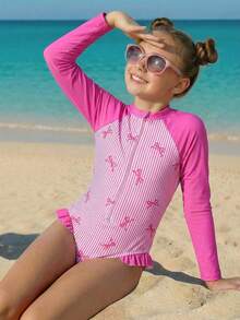 SHEIN Emery Rose Kids 少女夏季海滩度假长袖可爱蝴蝶结条纹印花连体泳衣 - 白色 - 查看 3