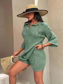 EURMUSE Casual Tropical Oversized Mesh Knit Top With Polo Collar - Perfect For Layering In Sage Green Set With Shorts Beach Vacation Summer - Mint Green - View 6