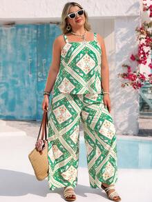 Vivid Eden 大码女式时尚休闲优雅浪漫印花两件套，春夏款 - 綠色 - 查看 10