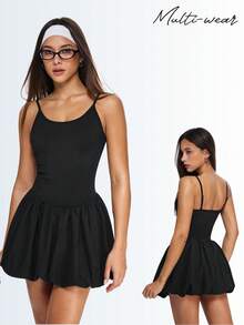 Eassivo Women's Black Ballet‑Style Sport Dress,Adjustable Straps, Ruched Skirt Overlay, Flirty Athletic Silhouette,Black Tennis Dress,Athletic Dress - Black - View 1