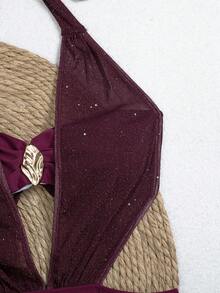 Swim SXY 2026春夏新款畅销连体泳衣，性感系带纯色比基尼，适合海滩穿着 - 酒紅色 - 查看 8