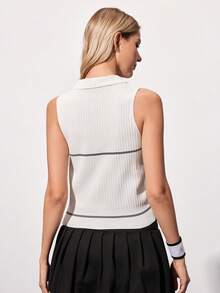 CourtClass Suéter tipo polo deportivo para mujer, chaleco de punto a rayas blancas - Blanco - Ver 2