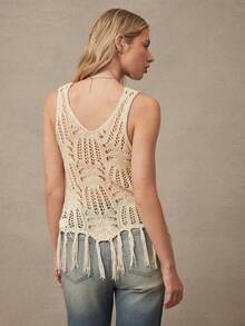 WESTFADE Apricot V Neck Sleeveless Open Knit Tassel Fringe Hem Crochet Top,Summer Boho Vacation Holiday Resort Wear,Cute Casual Nashville Cowgirl Festival - Apricot - View 5