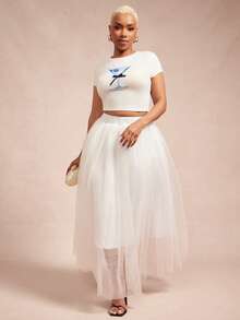 Vixey Black Double Layer Tulle Mesh Midi Skirt With Taffeta Lining - White - View 3