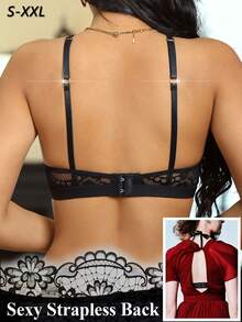 SHEIN 1 buc sutien fără mâneci din dantelă pentru femei, culoare solidă, cu halter, scobit - Negru - Vizualizare 2