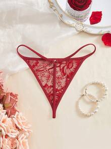 Women's Solid Color Fashionable Lace Sexy Panties - Burgundy - View 2