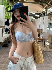 DAZY Atasan Camisole Halter Bergaris Esensial untuk Pantai Musim Panas Wanita - Biru - View 8