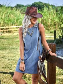 EMERY ROSE Women's Casual Sleeveless Loose Denim Dress - Light Wash - View 1