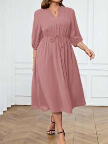 Miaspire Vestido midi con cuello en V, mangas raglán y cintura fruncida para tallas grandes - Rosa vieja - Ver 3