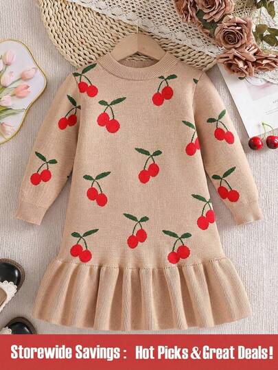 Girls Soft Red Cherry Jacquard Long Sleeve Sweater Dress, Cute & Fashionable, Suitable For Autumn/Winter Holidays Long Sleeve Dress For Kids Girls Sweater Dress Cherry Dress For Girl Autumn Dress Kids Girls Dress