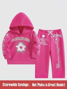 SHEIN Bộ 2 chiếc áo nỉ dày có mũ và quần thẳng đơn giản cho bé gái, thu đông - Màu Hồng Tươi - Xem 1