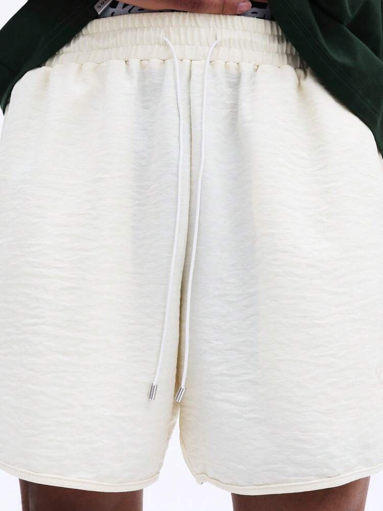 Linen Feel Curved Hem Drawstring Shorts With Side Pockets